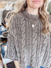 Washed 3/4 Sleeve Turtleneck Cable Knit Pullover - Dark Brown
