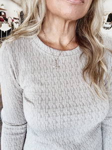 Softstone Puckered Jacquard Crew Neck Top with Thumbhole Detail - Taupe