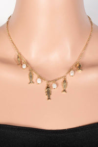 Fish And Pearl Charms Chain Necklace