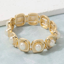 Gold Square Pearl Cabochon Stretch Bracelet: GDCM