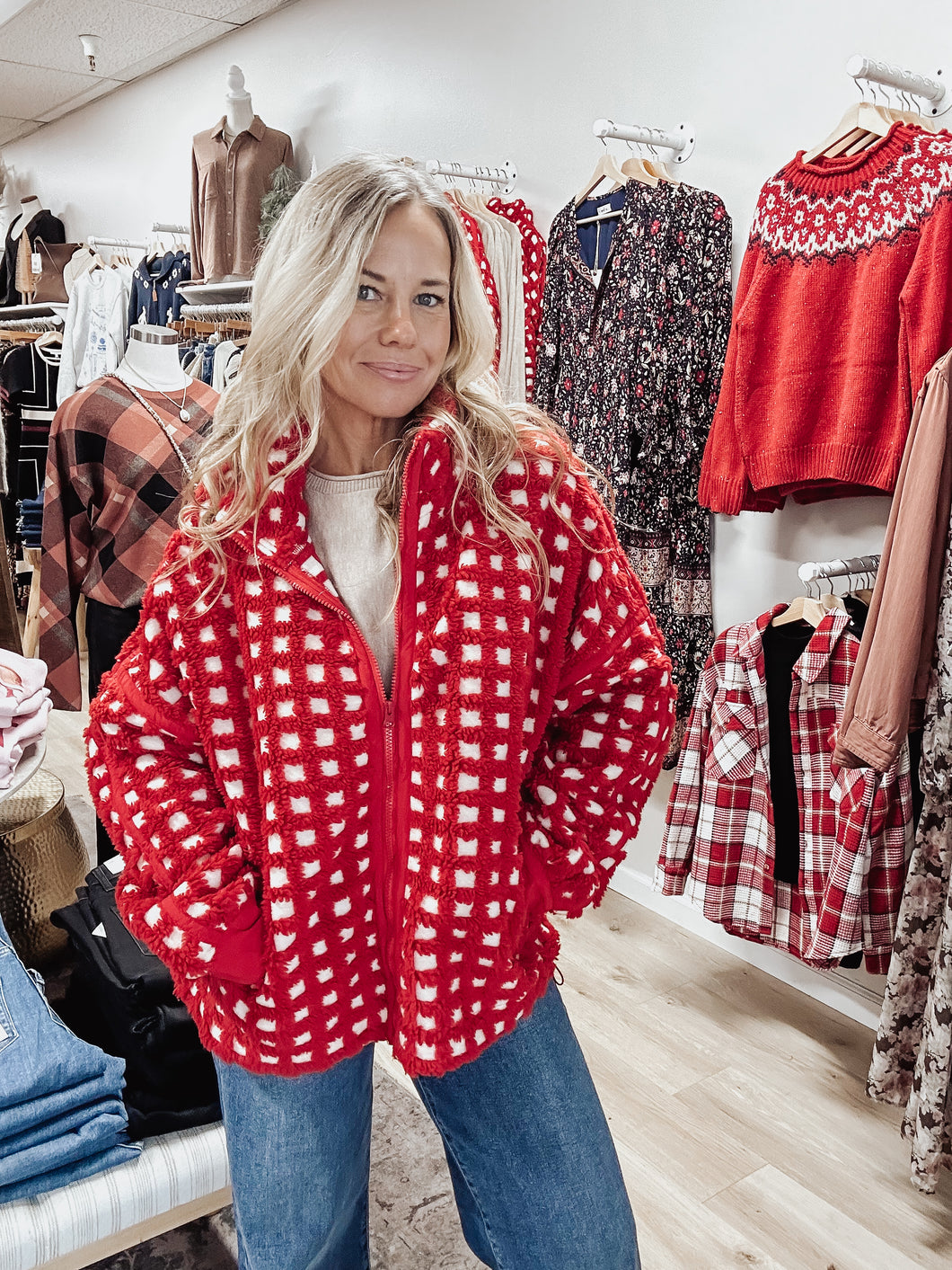 Holiday Chalet Check Sherpa Jacket - Red/Cream