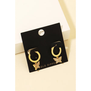 Pave Butterfly Huggie Drop Earrings - Gold