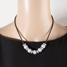 Leather Cord Striped Ceramic Bead Necklace: WGBL