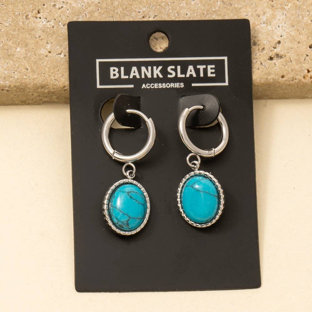 Oval Turquoise Stone Drop Earrings - Silver