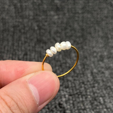 Pearl Beaded 18K Gold Plated Stainless Steel Fine Ring - Size 6