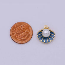 Mini Gold Shell Pearl Charm Bar Blue Enamel Clam Pendant