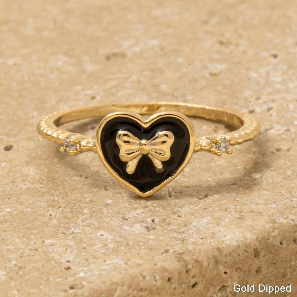 Gold Dipped Enamel Ribbon Bow Heart Ring