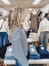 Mariner Striped Boatneck Knit Sweater with Lantern Sleeves - Denim Blue