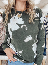 Olive Bloom Floral Printed Crew Neck Soft Knit Sweater - Olive
