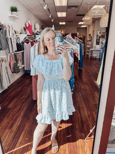 Fun & Flirty Off The Shoulder Floral Dress - Ivory/Blue