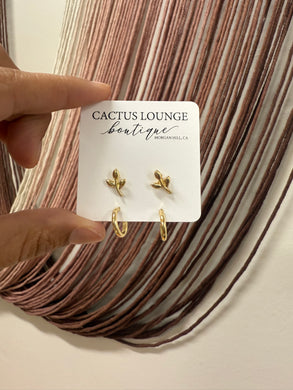 Leaf Studs & Simple Hoop Earring Set - Gold