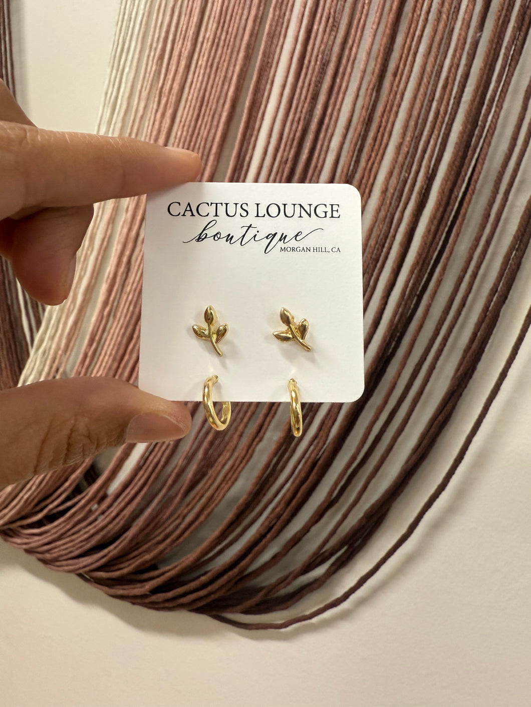 Leaf Studs & Simple Hoop Earring Set - Gold