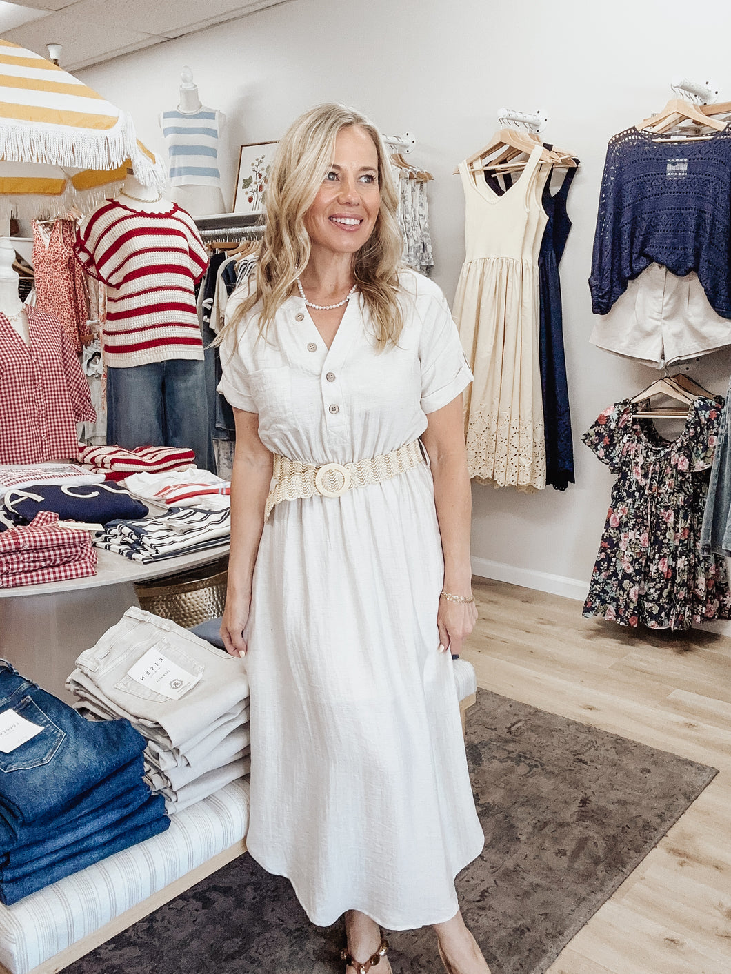 FINAL SALE Savannah Half Button Short Sleeve Belted Midi Shirt Dress - Oatmeal