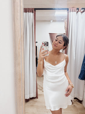 FINAL SALE Rhinestone Strap Cowl Neck Mini Dress - White Pearl