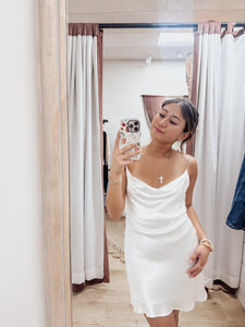 FINAL SALE Rhinestone Strap Cowl Neck Mini Dress - White Pearl