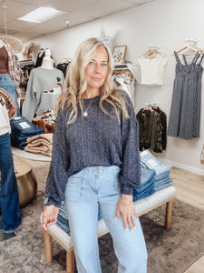 Nantucket Marled Long Sleeve Ribbed Knit Top - Navy