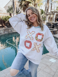 FINAL SALE XOXO Quilt Print Valentines Day Gray Sweatshirt - Grey