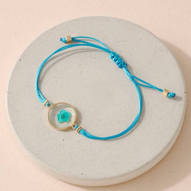 Pressed Flower Waxed Cord Adjustable Pull Tie Bracelet: TEAL