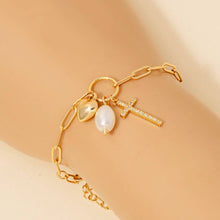 Gold Dipped Cz Cross Heart And Pearl Charms Chain Bracelet: Gold