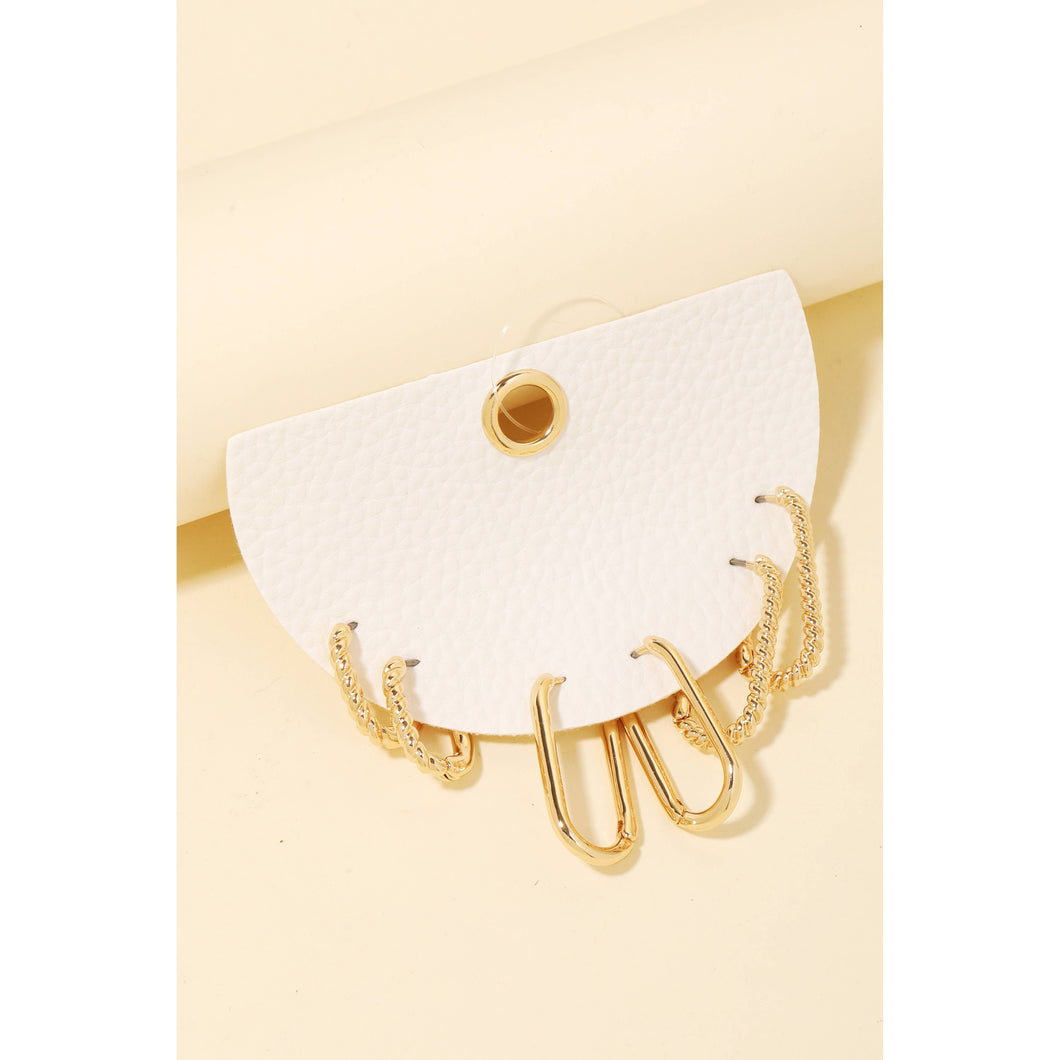 Metallic Oval Hinge Hoop Earrings Set - Gold