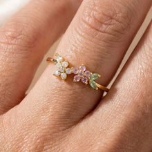 Cz Dual Flower Cluster Open Cuff Ring Gold