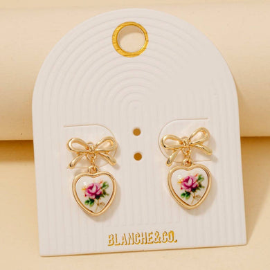 Flower Heart Drop Ribbon Bow Stud Earrings - Pink
