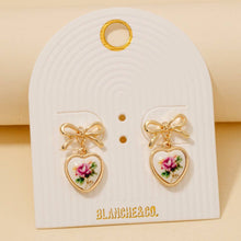 Flower Heart Drop Ribbon Bow Stud Earrings - Blue