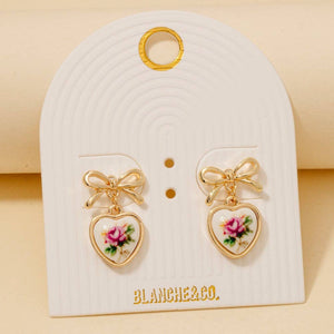 Flower Heart Drop Ribbon Bow Stud Earrings - Blue
