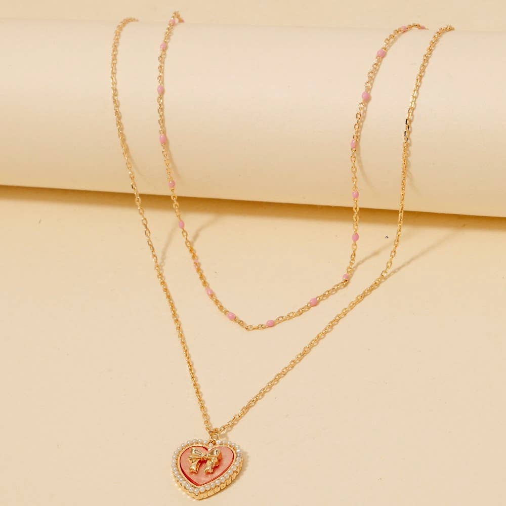 Pearl Set Heart Ribbon Bow Pendant Layered Necklace - Pink