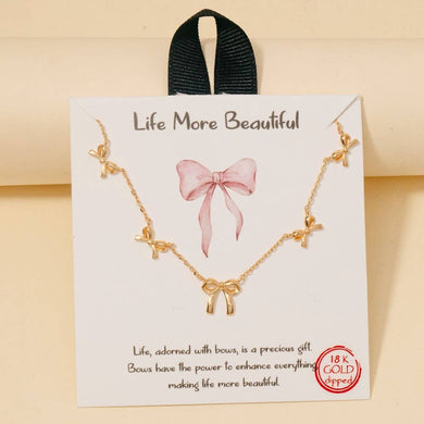Gold Dipped Mini Ribbon Bow Station Charms Chain Necklace - Gold