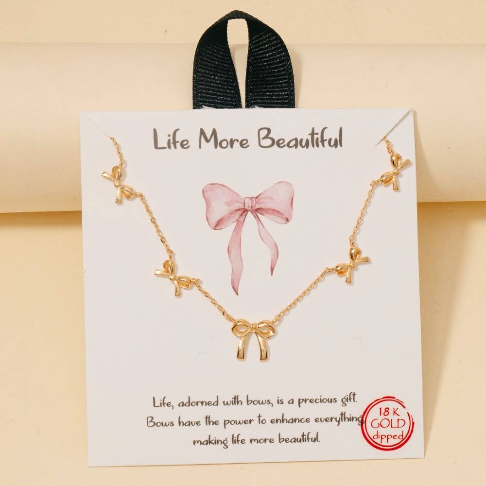 Gold Dipped Mini Ribbon Bow Station Charms Chain Necklace - Gold
