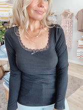 Sweetheart Ribbed Lace Trim Ribbed Long Sleeve - Black