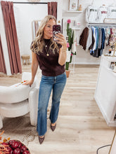 Tatum Mock Neck Extended Shoulder Knit Short Sleeve Sweater - Chocolate