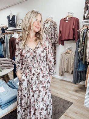Autumn Bloom Tencel Floral Smocked Button Down Maxi Dress - Mocha