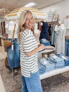 Everyday Striped Linen Blend Relaxed Fit V Neck - Dark Forest