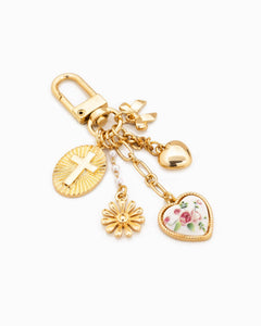 Heart, Cross, Bow Multi Line Ceramic Heart Bag Charm - Gold