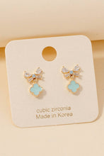 Cz Ribbon Bow And Enamel Clover Stud Dangle Earrings - Gold