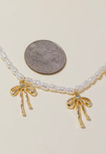 3 Metallic Ribbon Bow Charms Pearl Beaded Necklace - Gold