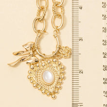 Heart And Ribbon Bow Pendants Chain Necklace - Gold