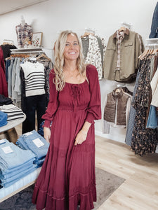 Merlot Muse Gathered Square Neck Maxi Dress - Cherry Laquer