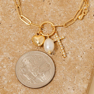 Gold Dipped Cz Cross Heart And Pearl Charms Chain Bracelet: Gold
