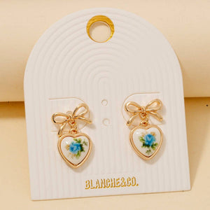 Flower Heart Drop Ribbon Bow Stud Earrings - Blue