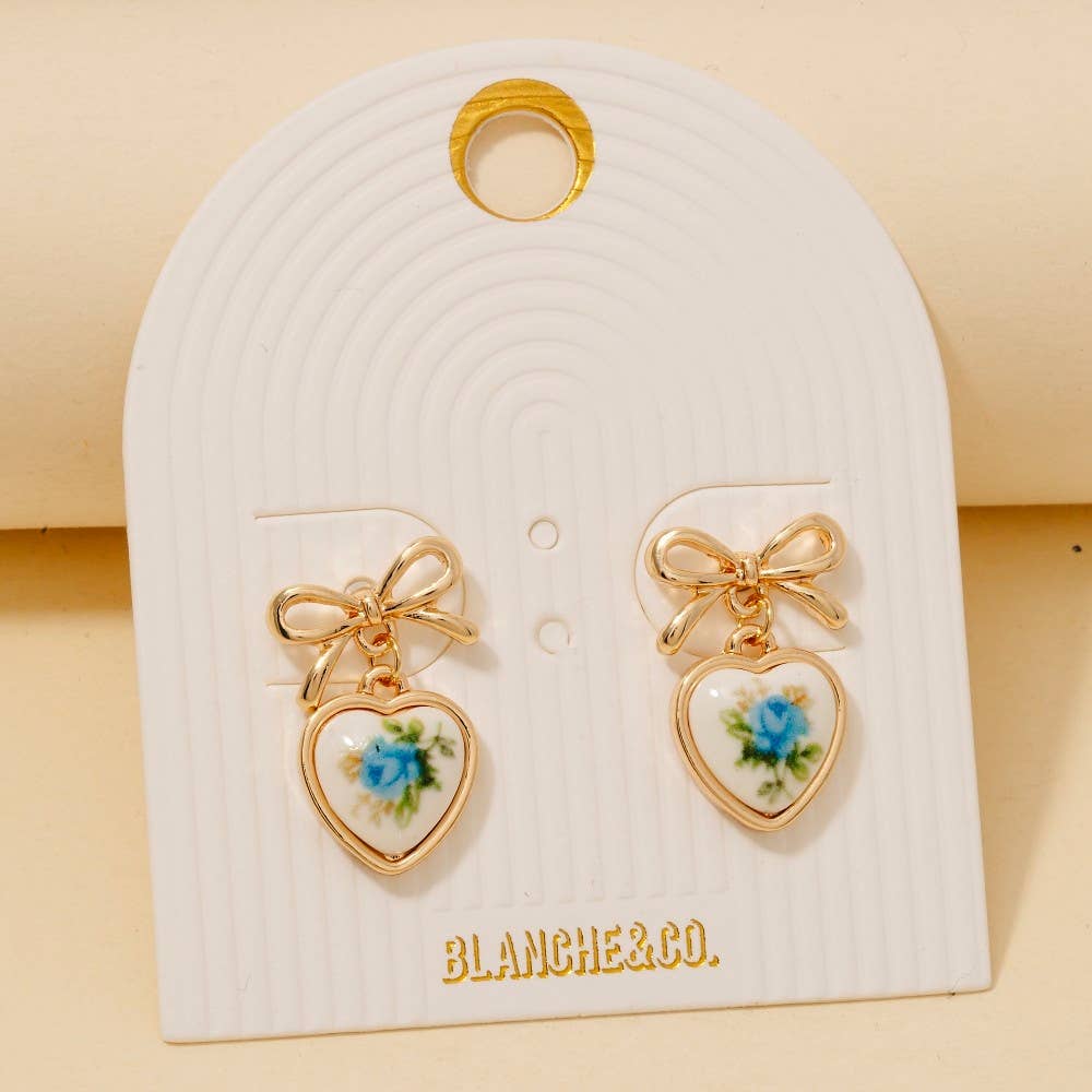 Flower Heart Drop Ribbon Bow Stud Earrings - Blue