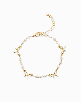 Skinny Bow Acrylic Pearl Link Station Chain Bracelet - Gold