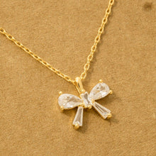 Rhinestone Ribbon Bow Pendant Necklace - Gold