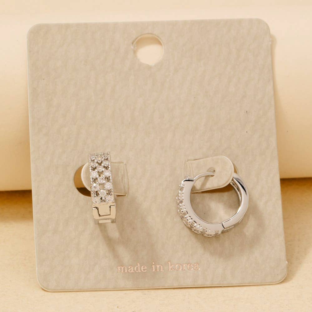 Rhinestone Checkered Hinge Hoop Earrings - Silver