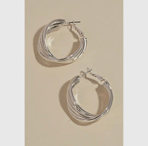 Twisted Metallic Latch Hoop Earrings - Silver
