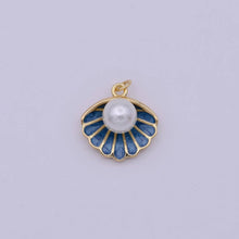 Mini Gold Shell Pearl Charm Bar Blue Enamel Clam Pendant