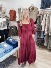 Merlot Muse Gathered Square Neck Maxi Dress - Cherry Laquer