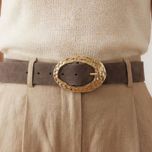 Hammered Oval Buckle Vegan Leather Belt - Medium Brown with Gold Buckle